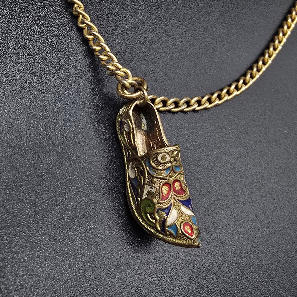 Cloisonne Shoe Pendant Necklace Gold Tone Enamel Vintage Jewelry